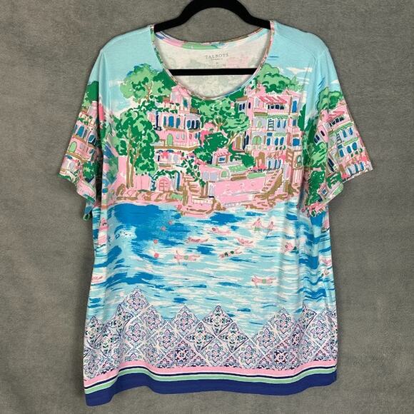 Talbots Top Womens 3X Pink Short Sleeve Tropical Resort Preppy Stretch Comfort - Picture 1 of 13